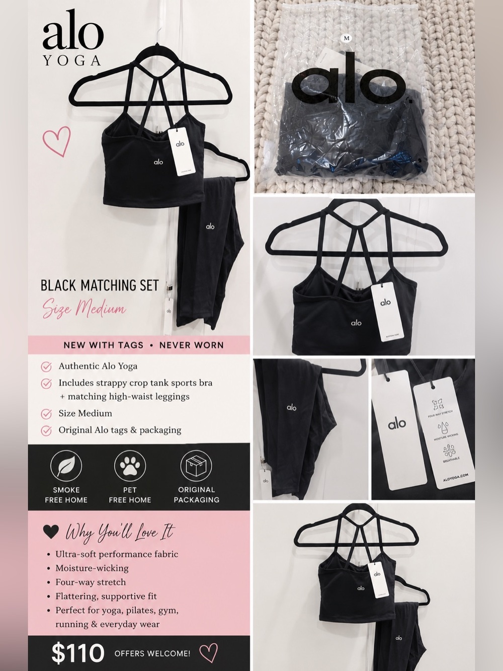 ALO Yoga Black Strappy Cropped Sports Bra with Matching Black Leggings
